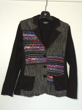 Dolcezza Womens Jacket Small Black Colorful Textured Fabric Long Sleeve Button